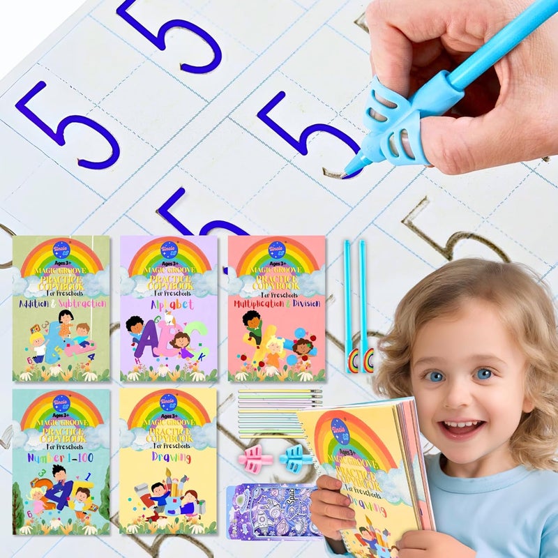 UNCLE EJ Large Magic Handwriting Practice Workbooks, Reusable Grooved Handwriting Practice for Kids 3-8, Toddler Writing Practice, Math Calligraphy, Letter Tracing, for Kindergarten Preschool, The Fun Kit - Image 1